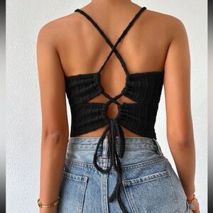 Lace up back textured halter crop top